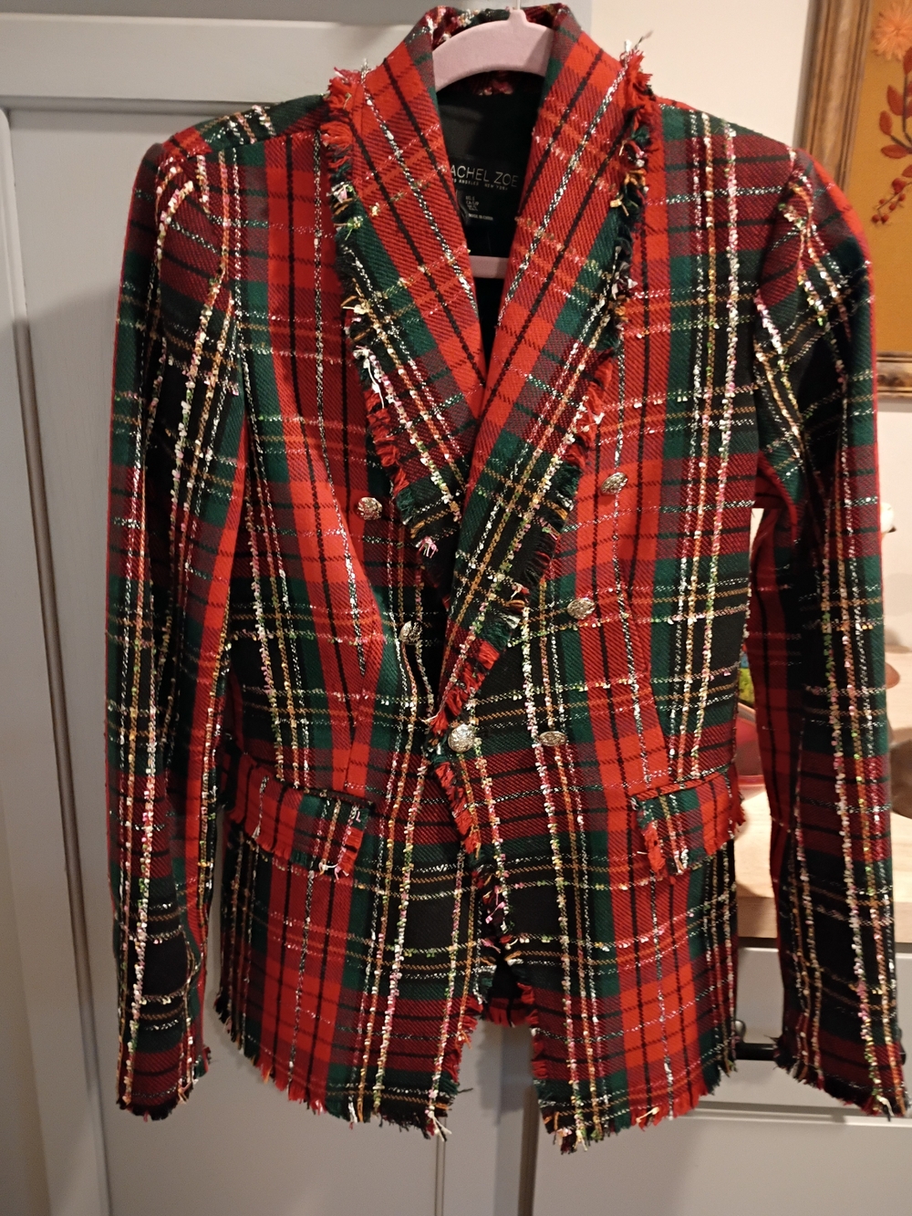 Rachel Zoe Red, Green & Black Plaid Double-Breasted Blazer with Gold Buttons